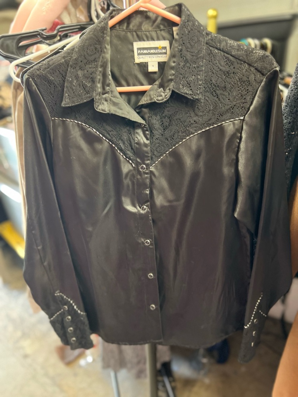 ❤️Vintage Panhandle Slim Black Lace Yoke Western Button-Up Shirt